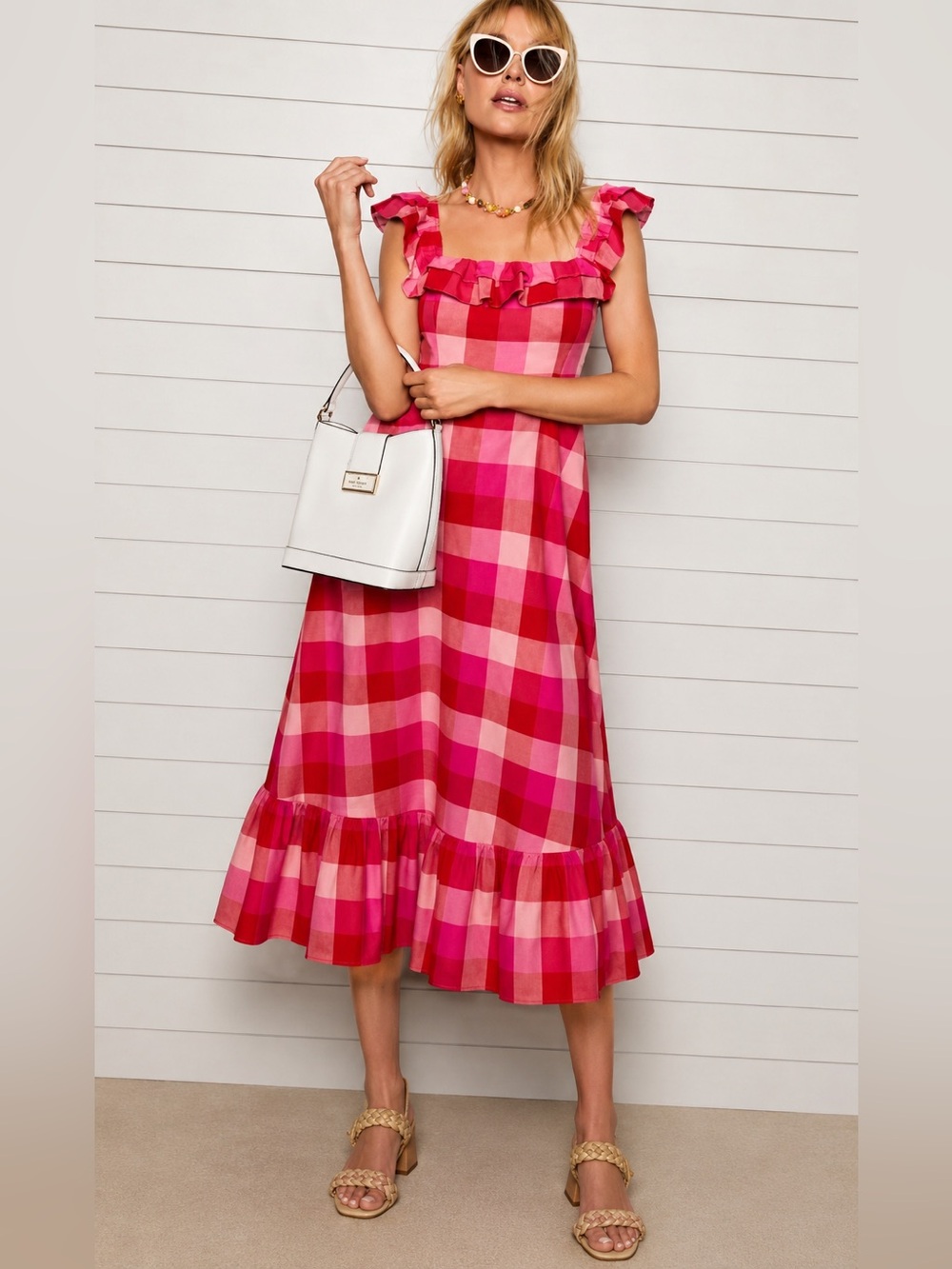 Kate Spade New York Picnic Woven Ruffle Midi Dress Pink Gingham Linen Blend XS